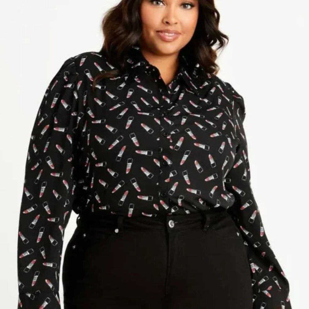 Ashley Stewart Black Lipstick Print Button-Up Blouse